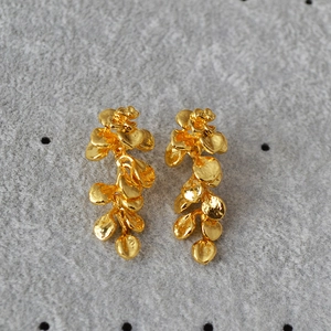 French vintage gold leaf tassel drop earrings with textured floral petal metal design