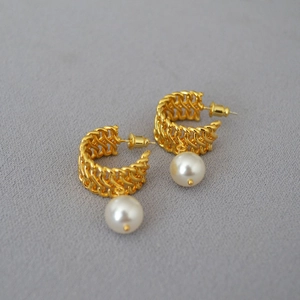 Elegant gold woven texture hoop earrings with hanging white pearl drops for women