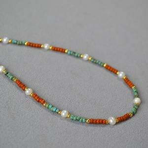 Minimalist freshwater pearl and Maillard bead necklace with turquoise and gold accents
