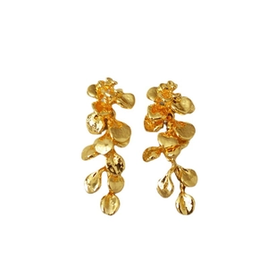 French vintage gold leaf tassel earrings with textured metallic petals and hanging charms