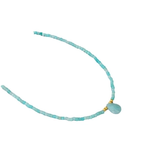 Minimalist turquoise beaded necklace with a teardrop pendant and golden accents on white background