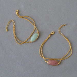 Braccialetto Vintage in Ottone Placcato Oro Doppio Strato Per Donna Con Pietra Naturale Amazonite Rhodonite Ovale Gioielli