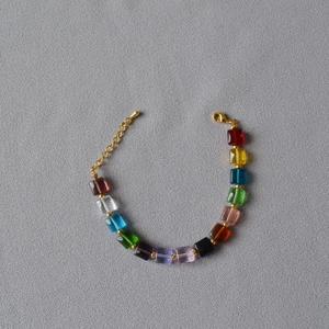 Colorful transparent cube bead necklace with gold lobster clasp and adjustable chain link
