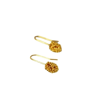 Elegant gold pinecone dangle earrings with textured detail on a clean white background