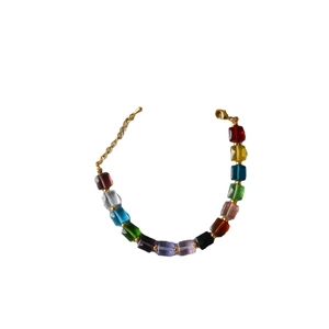 Rainbow transparent glass square bead necklace with gold accents and lobster clasp