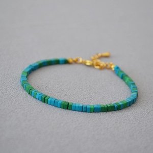 Bohemian style square beaded bracelet with turquoise stones and gold lobster clasp