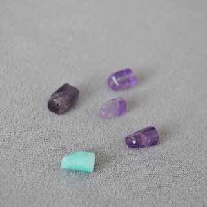 Close-up of irregular natural amethyst and amazonite raw stone beads for DIY jewelry