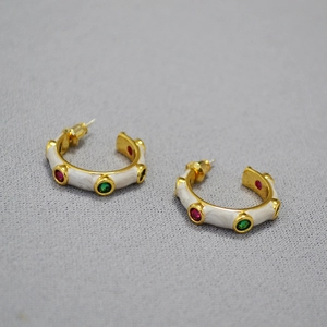 Retro C-shaped 925 silver needle hoop earrings with white enamel and colorful zircon stones