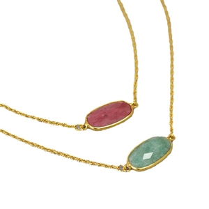 Minimalist gold-plated brass necklace with oval-cut red and green natural stones