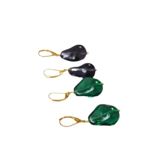French retro emerald and purple glass drop earrings with gold hooks on white background