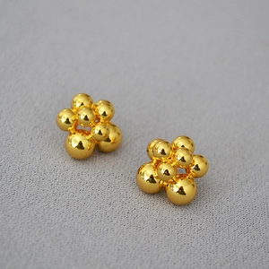 European Minimalist Brass Stud Earrings Layered Metallic Beads Flower Shape For Women Elegant Gold Plated Jewelry With 925 Sterling Silver Post