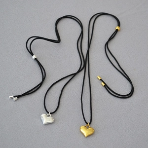 Minimalist Brass Heart Pendant Necklace For Women Men Adjustable Black Rope Chain Polished Heart Sweater Chain Jewelry