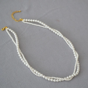 Double-layer white pearl necklace with gold-plated lobster clasp and adjustable chain