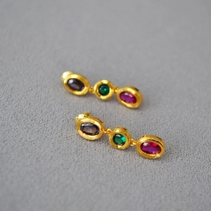 Vintage Brass Gold Plated Multicolor Zirconia Stud Earrings With 925 Sterling Silver Earring Post Elegant Jewelry For Women