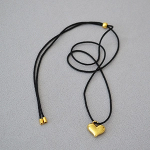 Adjustable black cord necklace with minimalist 18k gold plated 3D heart pendant for women