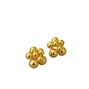 Minimalist gold flower stud earrings with polished layered golden beads and 925 silver needles