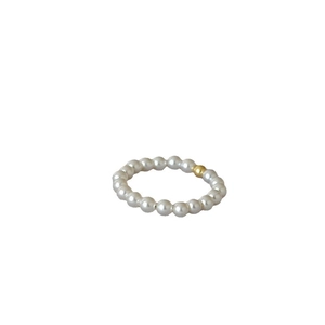 Handmade 14K gold filled bead and minimalist white faux pearl elastic ring for women
