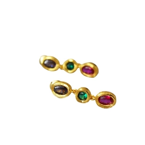Elegant gold-plated brass stud earrings with colorful gemstones and textured edges