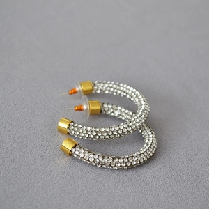 Exaggerated Brass Gold Plated C-Shaped Hoop Earrings For Women Sparkling Pave Rhinestone Jewelry With 925 Silver Post