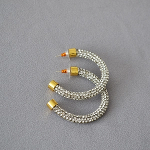 Gold-plated C-shaped hoop earrings with sparkling full rhinestones and 925 silver pins
