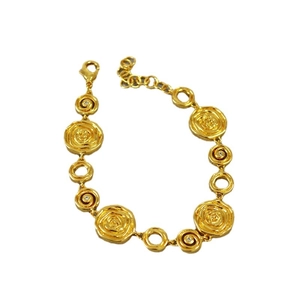 Vintage style gold plated brass bracelet featuring embossed roses and zircon accents