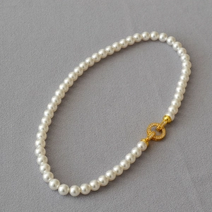 Elegant Round Imitation Artificial Pearl Necklace Brass Gold Plated Cubic Zirconia Clasp For Women Minimalist Fashion Accessory
