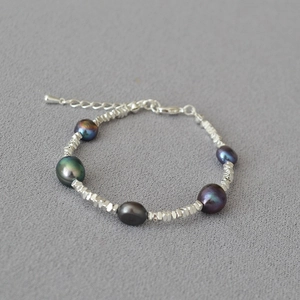Detail of Tahitian pearls and faceted silver beads with lobster clasp and extender