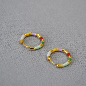 Minimalist gold-plated brass hoop earrings with vibrant multi-color enamel sections