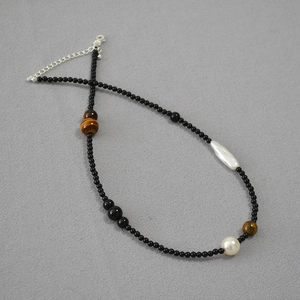 Black Agate Tiger Eye Artificial Baroque Pearl Beaded Necklace Asymmetrical Vintage Literary Choker For Women