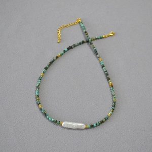 Baroque pearl and turquoise beaded necklace with irregular silver bars and gold clasp