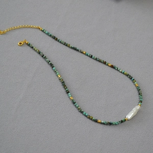 Handmade Beaded Necklace With Natural Turquoise And Long Bar Artificial Baroque Pearl Vintage Bohemian Style Jewelry For Women
