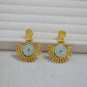 Vintage Bohemian Sun Amazonite Drop Earrings 18K Gold Plated Brass Hammered Texture Ethnic Evil Eye Stud Earrings For Women