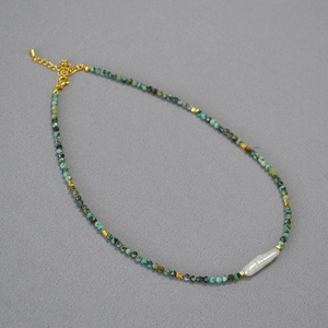Vintage turquoise beaded necklace with baroque pearl and adjustable gold chain extension