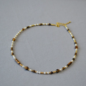 Retro tiger eye and pearl beaded necklace with gold accents and adjustable lobster clasp