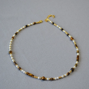 Bohemian tiger eye stone and pearl asymmetric beaded necklace with golden lobster clasp