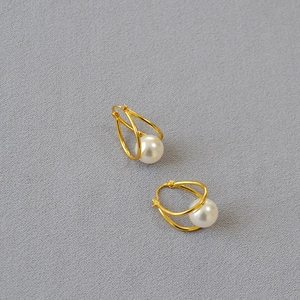 French style brass gold plated double hoop earrings with white pearls and geometric lines