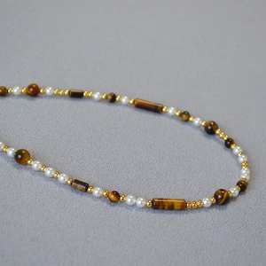 Natural Tiger Eye Stone And Faux Artificial Pearl Bead Necklace Vintage Asymmetric Choker Copper Gold Plated Jewelry For Women Daily