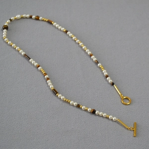 Vintage Artificial Pearl And Tiger Eye Stone Beaded Necklace Gold Plated Brass Toggle Clasp Maillard Style Elegant Jewelry For Women
