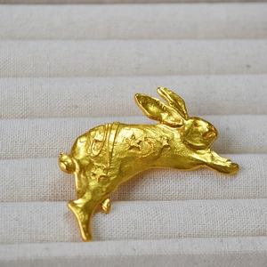 Macro shot of gold rabbit brooch with matte stardust carving on velvet lining