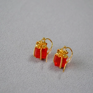 Vintage Christmas Red Gift Box Pendant Earrings Minimalist Copper Gold Plated Bowknot Artificial Crystal Earrings Women Jewelry