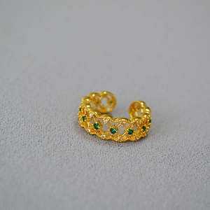 French vintage gold open ring with lace hollow pattern and green zircon stones