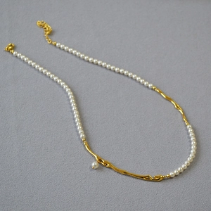 Collier Künstliche Perles Laiton Doré Branche Organique Style Métal Liquide Bijoux Rétro Français Pour Femmes