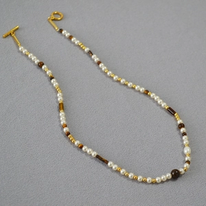 Maillard style tiger eye stone and pearl beaded necklace with gold OT buckle closure