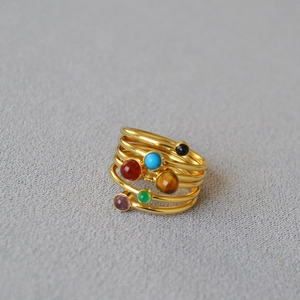 Vintage Multi Layer Spiral Brass Gold Plated Ring For Women Boho Geometric Inlaid Natural Agate Tiger Eye Stone Index Finger Ring Jewelry