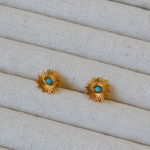 Vintage gold sunray stud earrings with turquoise evil eye center for women