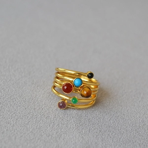 Multi-layer gold plated brass ring with six colorful natural stones in bohemian style