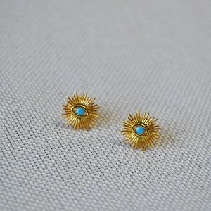 Vintage gold plated brass turquoise evil eye stud earrings with sunburst design