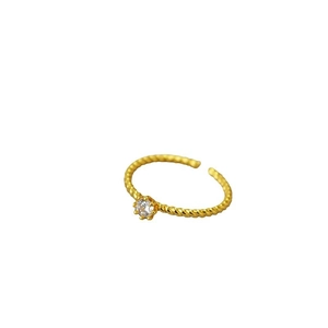 Gold twisted rope adjustable open ring featuring a crown-set sparkling round zircon stone