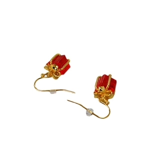Festive red crystal cube gift box drop earrings with golden ribbon and bow design