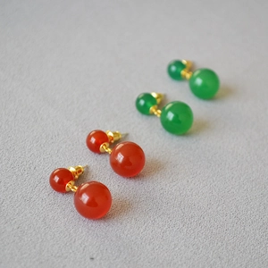 French Design Natural Agate Double Ball Stud Earrings 925 Sterling Silver Post Red Green Stone Geometric Jewelry Women